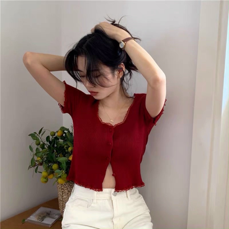 Áo len tăm croptop viền ren cúc bọc, Áo kiểu len mỏng dáng ngắn AL1123 - NhiNhi Shop