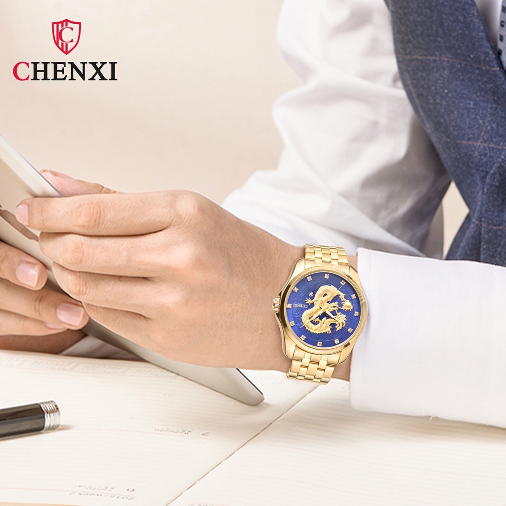 Đồng Hồ Quartz Chexi Dragon Dập Nổi Chất Liệu Thép Không Gỉ Mạ Vàng 8220