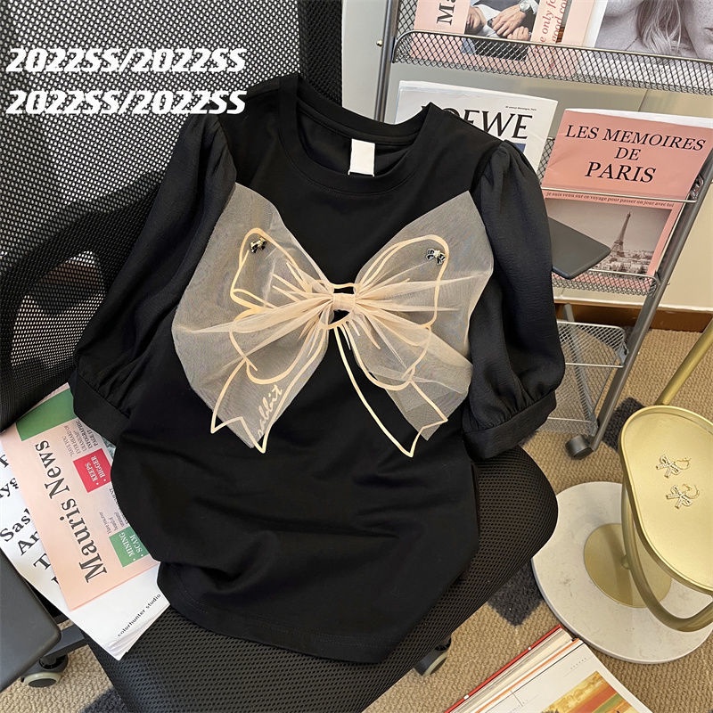 Áo phối nơ tay ngắn thời trang nữ mùa hè dáng rộng 2022