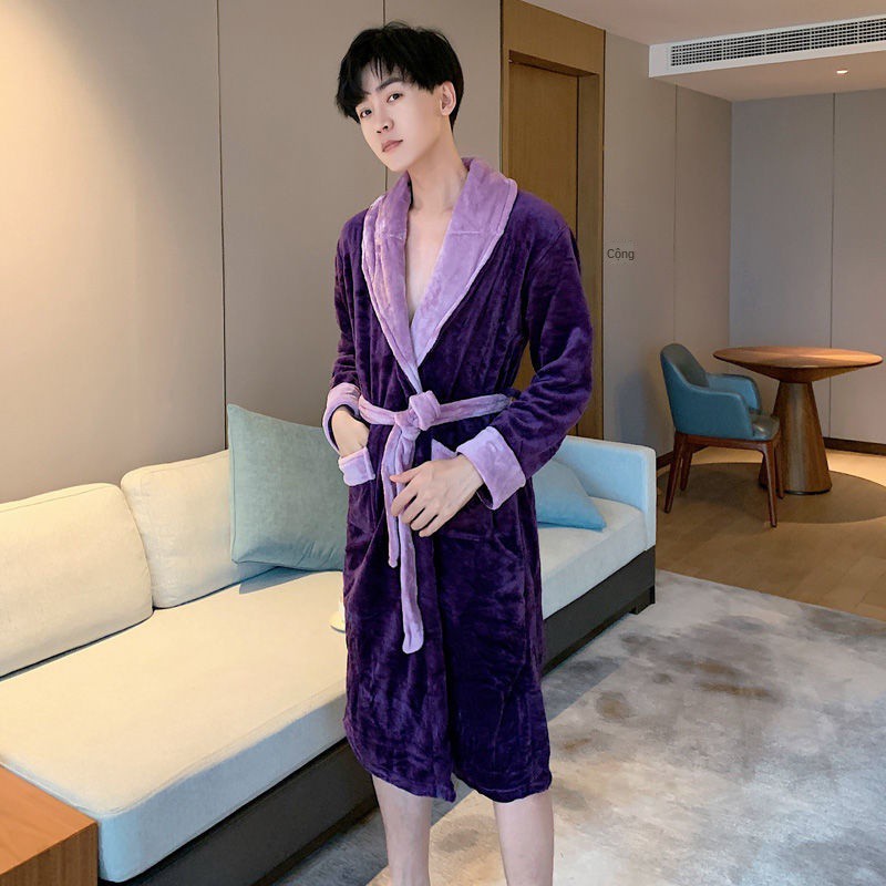 ﹉Áo choàng tắm nam pyjama mùa thu và đông vải nỉ dày dặn cộng với nhung phân bón ngủ lông cừu san hô cỡ 200 kg ｡