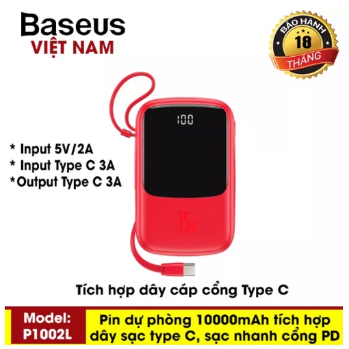 Pin sạc dự phòng Mini S Digital Display 10000mAh sạc nhanh 3A tích hợp cáp Type-C và Lighting