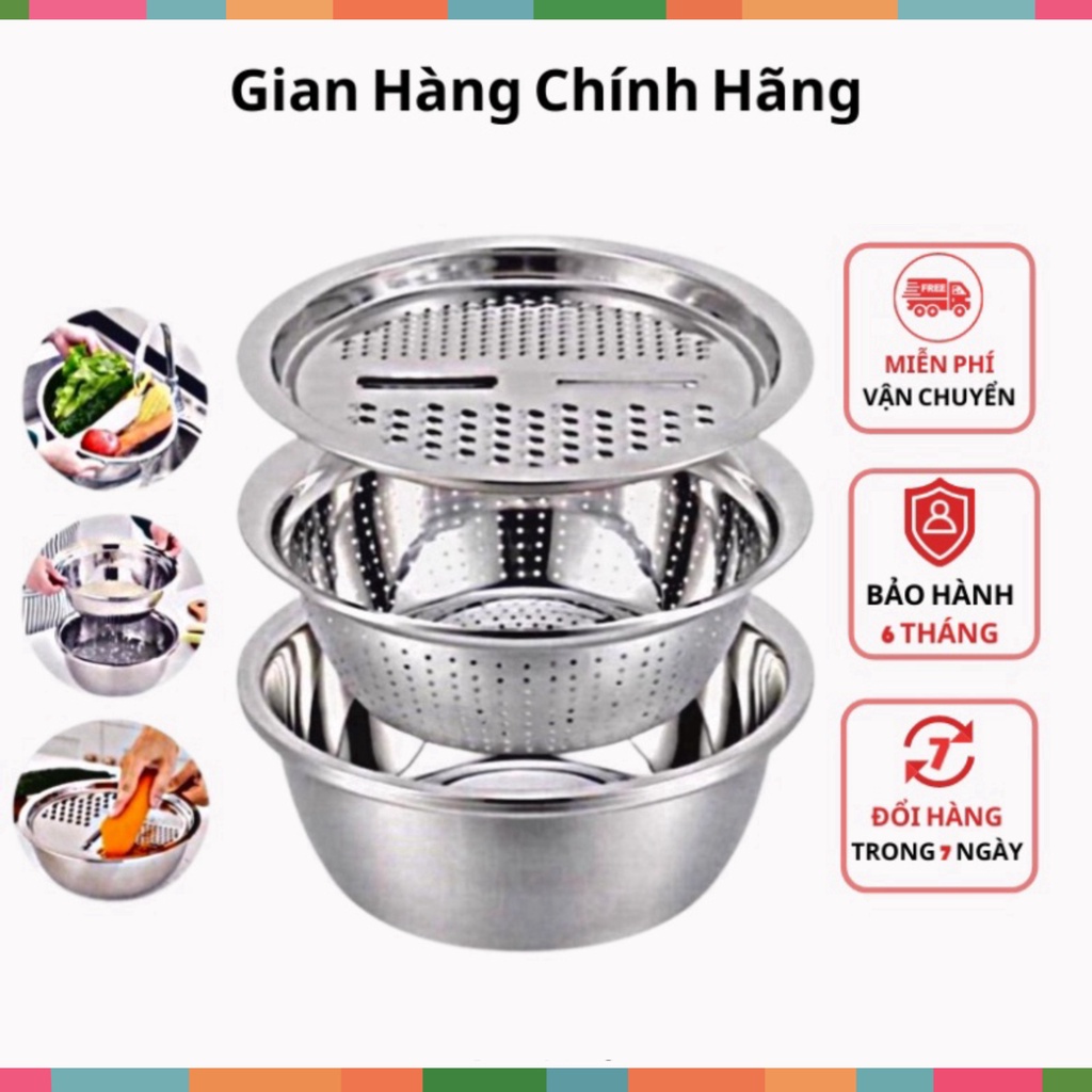 Bộ nạo rau củ 3 món bào Nhật Bản - Rổ nạo rau củ kiêm rổ và chậu inox cao cấp đa năng,tiện lợi dùng nhà bếp