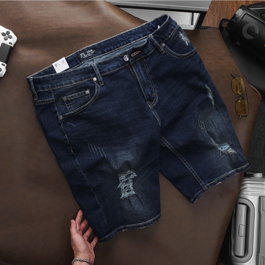 Quần short jean nam bigsize 80kg -130kg - xanh đậm rách, rách chấm