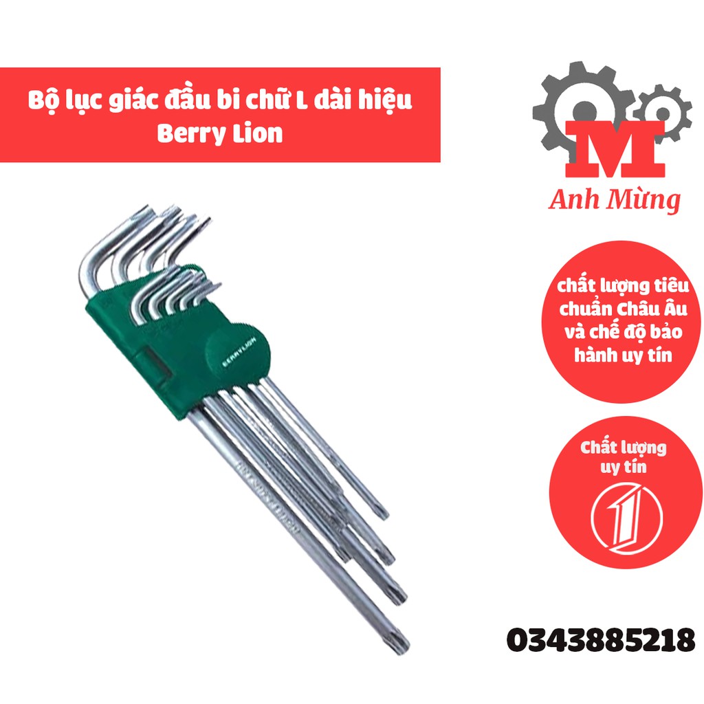 Set bộ lục giác 9 cây dài đầu bi chữ L chính hãng Berry Lion