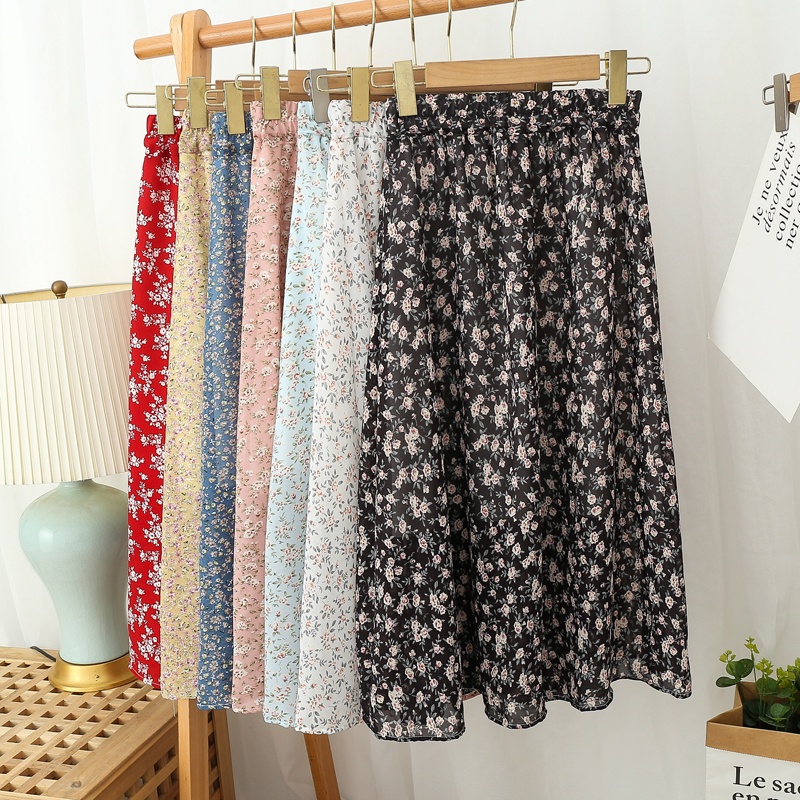 NUZIRO Chân váy chữ A  lưng cao chất liệu chiffon họa tiết hoa thời trang mùa hè cho nữ
