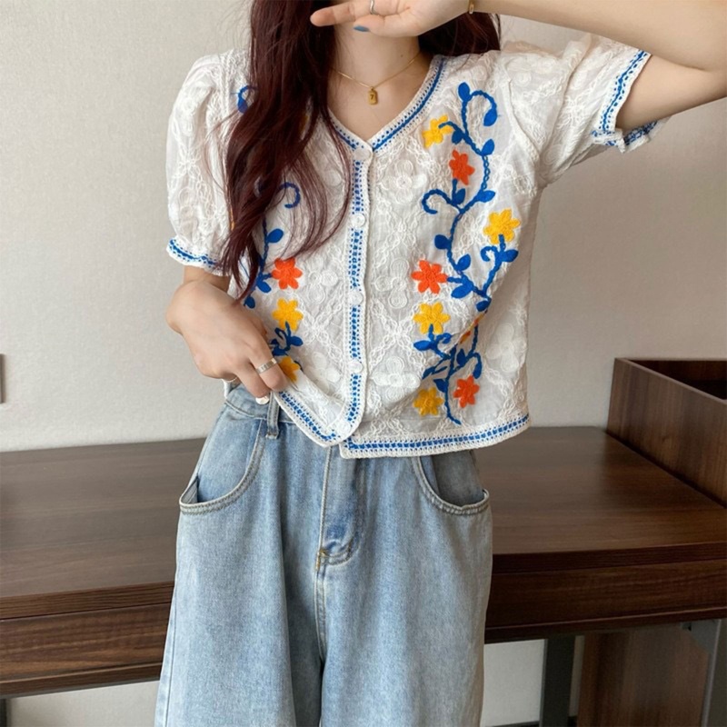 Áo Kiểu Tay Phồng Thêu Hoa Xinh Xắn Thời Trang Mùa Hè Cho Nữ