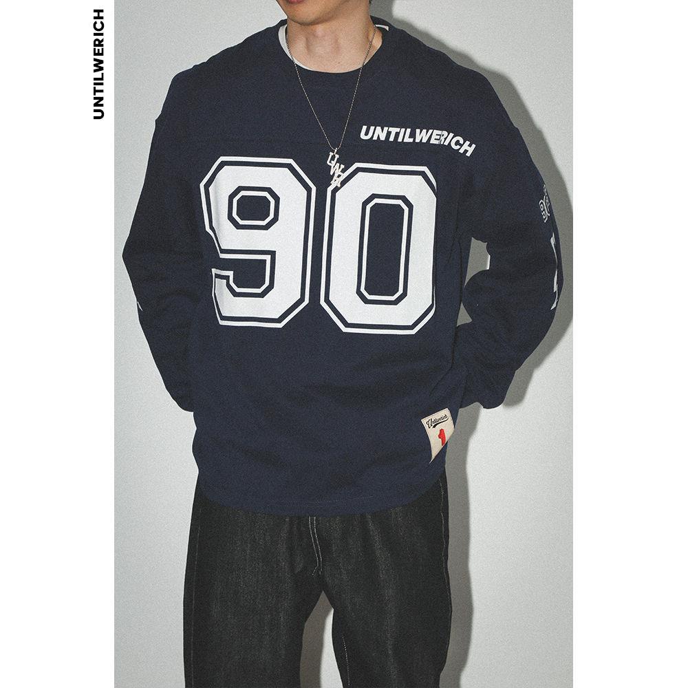 Áo Thun Tay Dài Chui Đầu Dáng Rộng In Số 90 Thời Trang Mùa Xuân Phong Cách Retro Mỹ