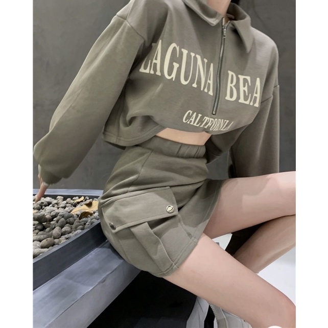Set bộ Laguna beach dài tay khoá kéo phối chân váy túi hộp thu đông