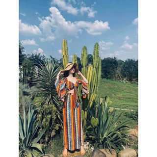 Set bộ trang phục hotgirl sexy áo croptop xoắn ngực quần ống rộng culottes hoạ tiết thổ cẩm hoa đẹp đi biển du lịch