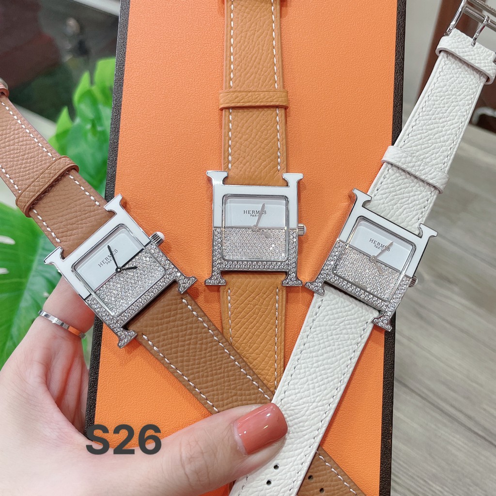 Đồng Hồ Nữ Heure H_Herme Mặt Đính Đá , Máy Pin , Dây Da , Size 26mm