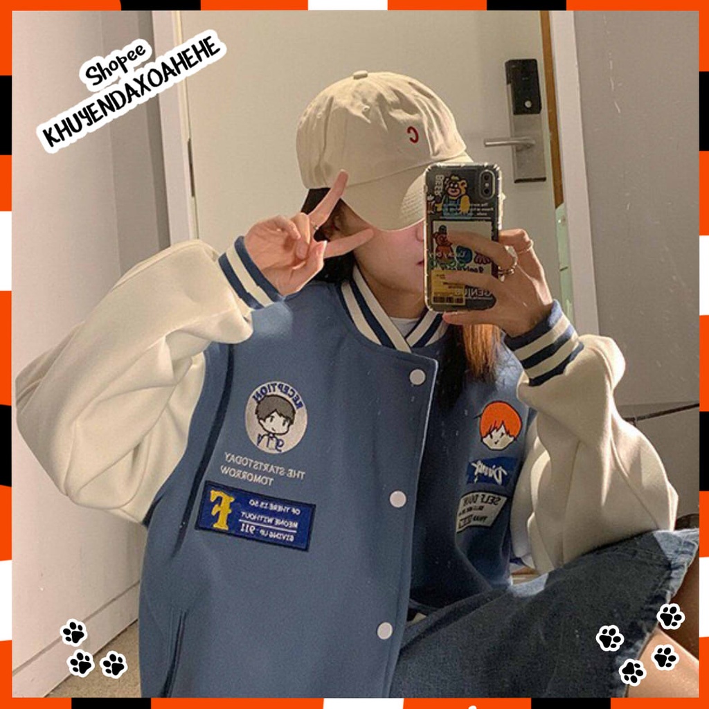 AK018 Áo bomber jacket logo bé trai nam nữ đen nâu be oversize dáng to Áo khoác nỉ bóng chày unisex form rộng thu đông | BigBuy360 - bigbuy360.vn