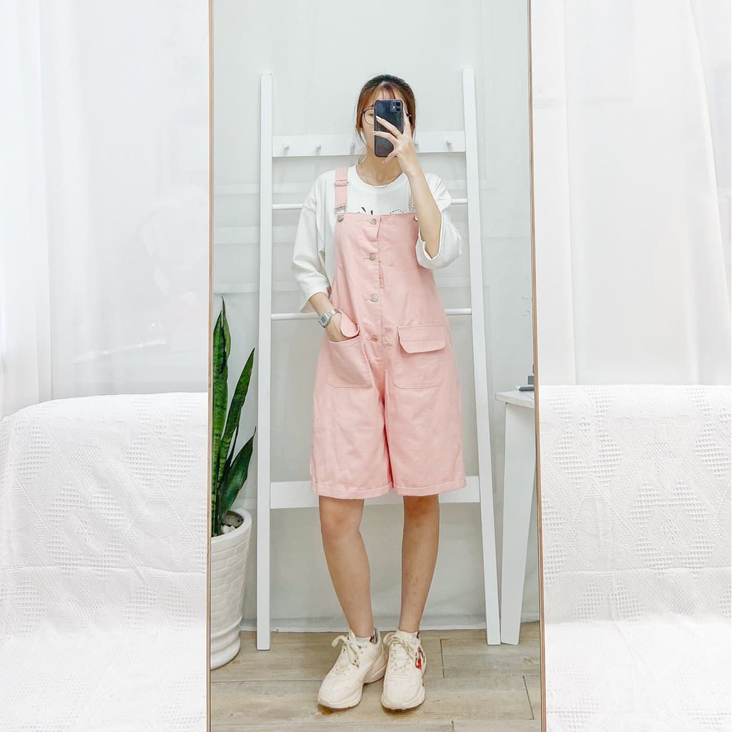 Quần yếm short ngố Ulzzang Kyubi JENI1 có cúc trước [Hồng, Kem] - Yếm Quần Kyubi YN21