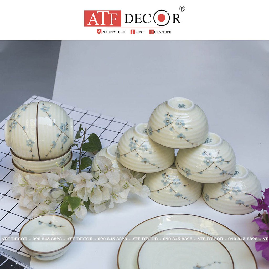 Bộ 10 bát ăn cơm, bát sứ Bát Tràng đẹp, cao cấp, men kem vẽ đào xanh - ATF Decor
