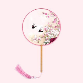 Quạt tròn cổ trang THUYỀN TRÊN SÔNG TÍM M65 kèm dây tuyến tua rua chụp ảnh xinh xắn