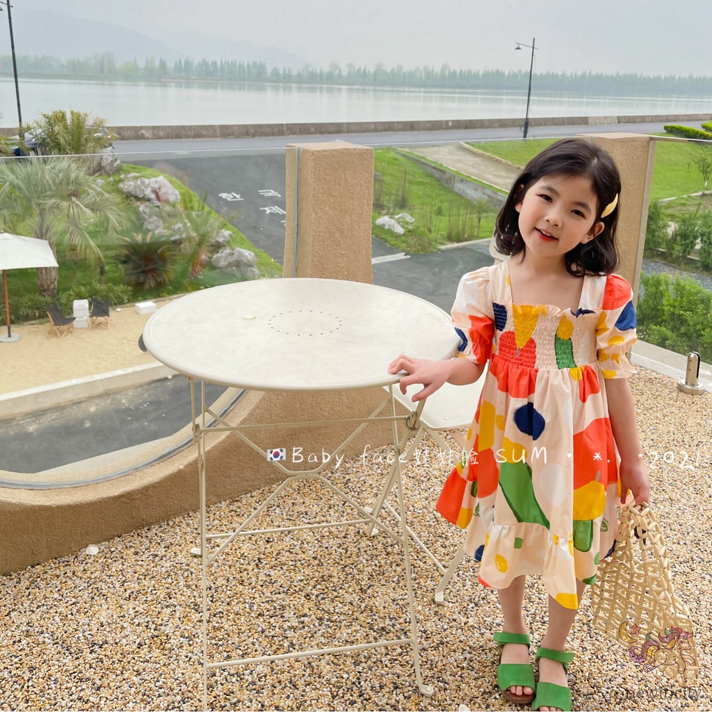 Đầm tay phồng cổ vuông in họa tiết thắt nơ phong cách Hàn Quốc thời trang dành cho bé gái