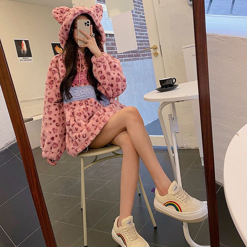 Jiashucheng Áo Hoodie Giả Lông Cừu Dáng Rộng In Họa Tiết Da Báo Kiểu Hàn Quốc Dễ Thương