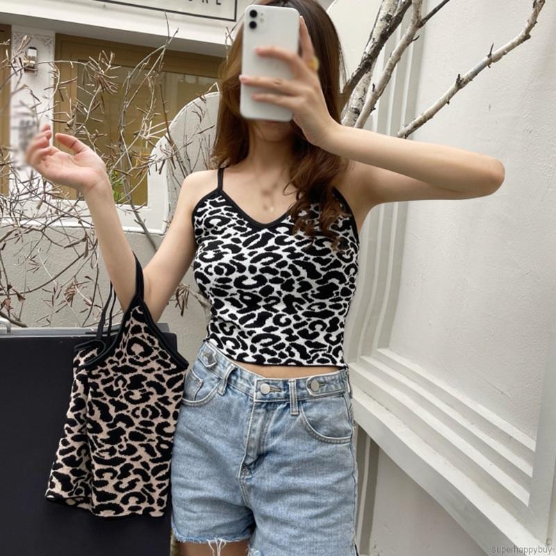 Áo Hai Dây Dệt Kim Họa Tiết Da Báo Quyến Rũ Cho Nữ