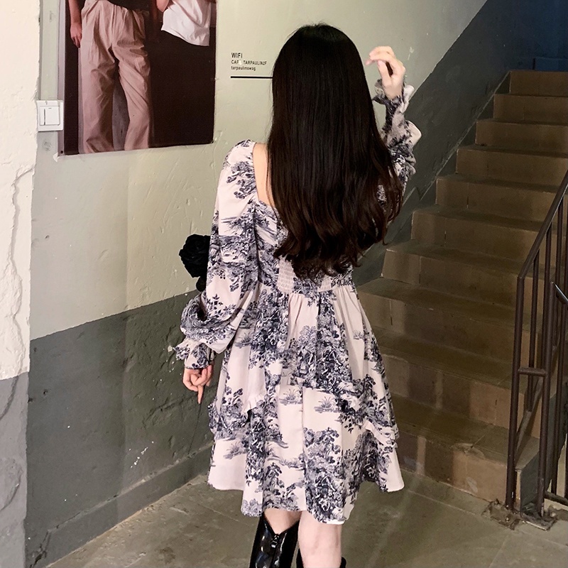 Đầm kiểu Perty tay dài họa tiết hoa phong cách retro thời trang cho nữ