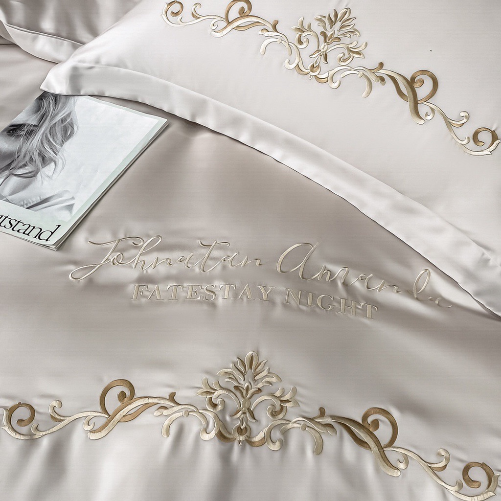 Bộ chăn ga gối lụa chăn trần- Chất Liệu Lụa Silk thoáng mát hàng thêu vân cao cấp sẵn hãng miễn phí bo chun