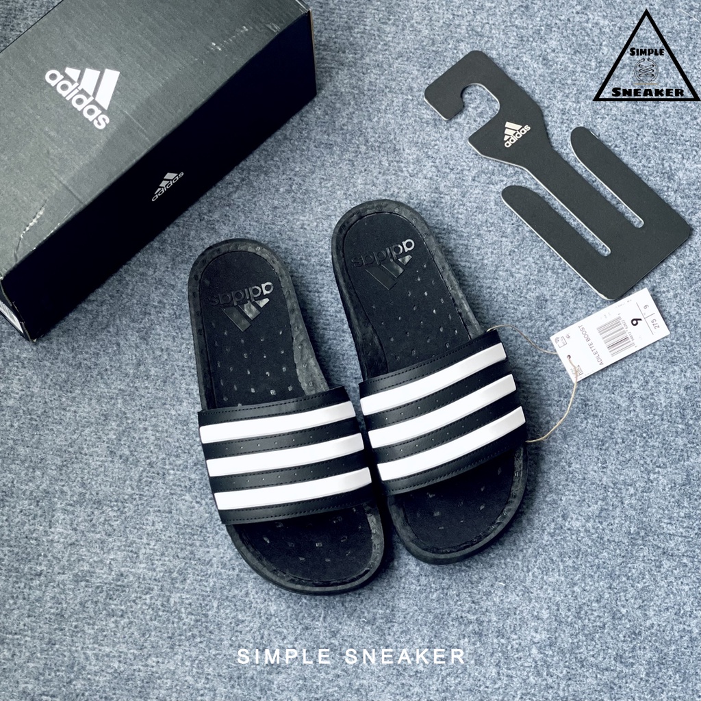 Dép Adidas Boost Chính Hãng FREESHIP Adidas Adilette Boost Slides Black White- Dép Quai Ngang Đế Boost- Simple Sneaker