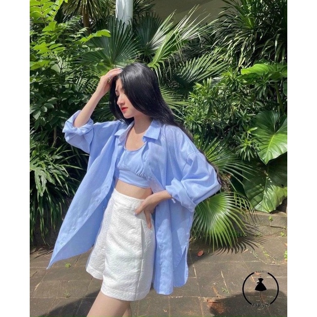 SET 3 MÓN: KHOÁC SƠ MI XANH + CROP 2S XANH + SHORT TRẮNG💙