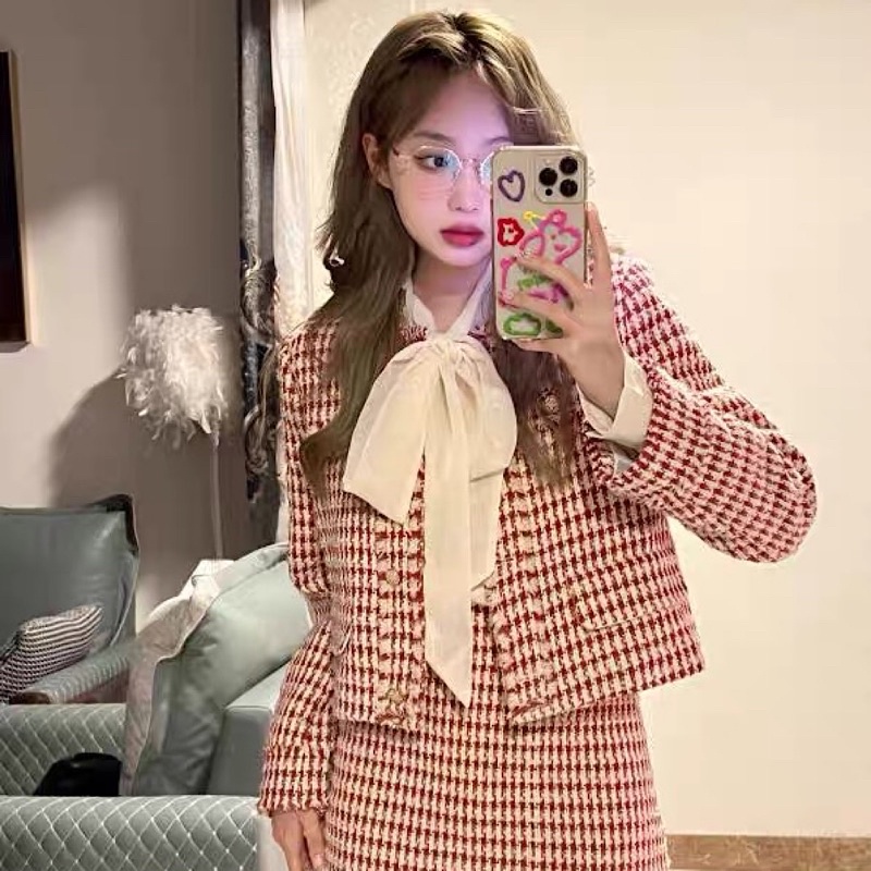 Set Dạ Tweed Hai Món Kẻ Sọc Phong Cách Hàn Quốc Có Ảnh Thật_ Hàng Order QCCC