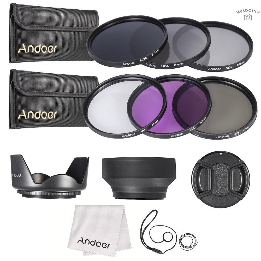 ღ  Andoer 67mm Lens Filter Kit UV+CPL+FLD+ND(ND2 ND4 ND8) with Carry Pouch / Lens Cap / Lens Cap Holder / Tulip & Rubber Lens Hoods / Cleaning Cloth