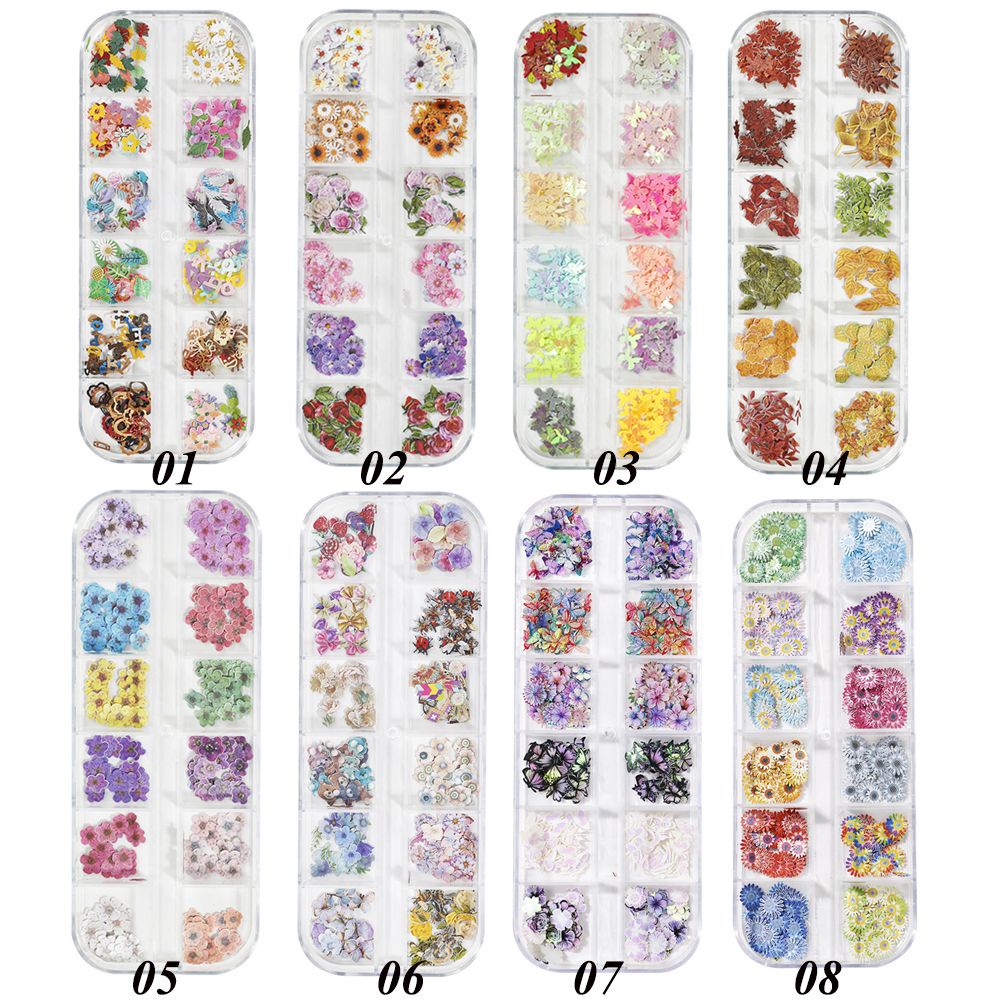 Hộp Phụ Kiện Kim Tuyến Hình Hoa Lá/Bướm Nhiều Màu 3D Trang Trí Móng Nghệ Thuật