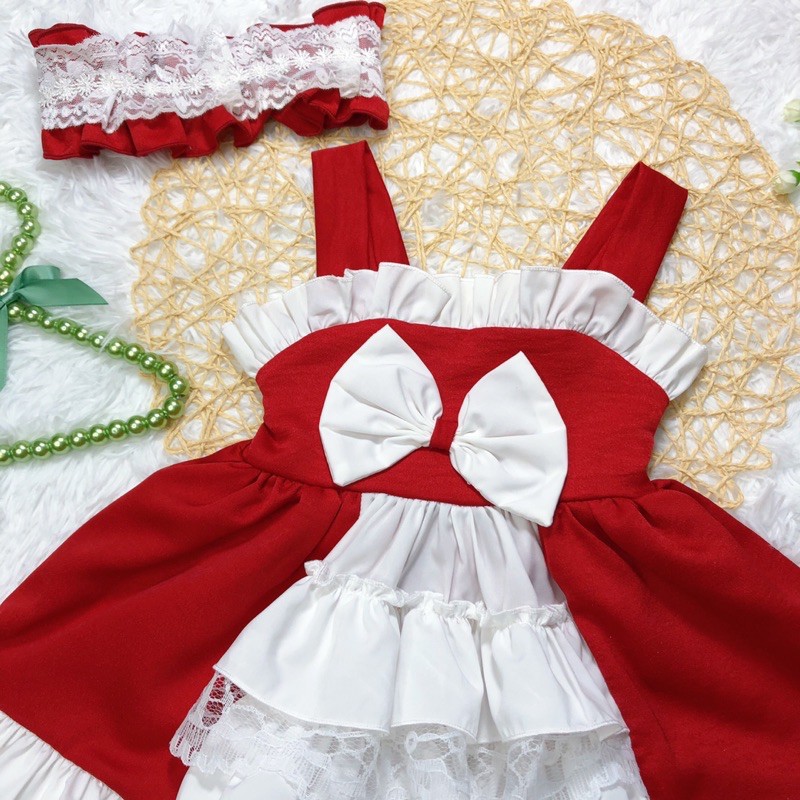 Váy Lolita 2 Dây Đỏ Bèo Tầng Bé Gái 4 Đến 28kg Chất Đũi Chun Phối Lụa [A252]