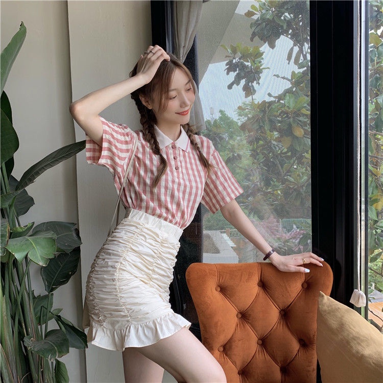 Bộ Áo Sơ Mi Ca Rô + Chân Váy Chữ A Lưng Cao Xinh Xắn Dành Cho Nữ