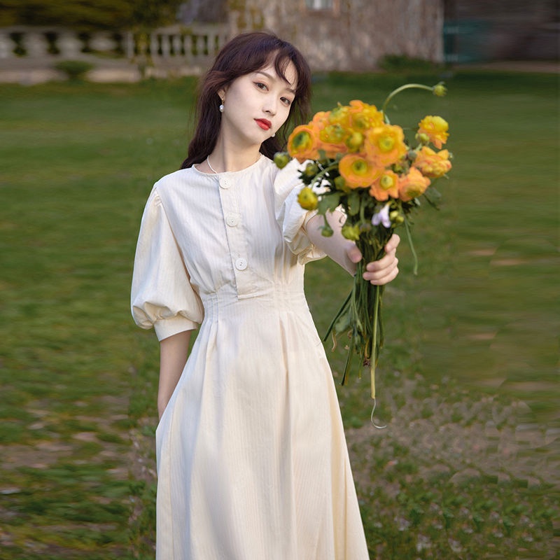 Đầm Sơ Mi Tay Phồng Dài Vừa Phải Phong Cách Pháp Cho Nữ