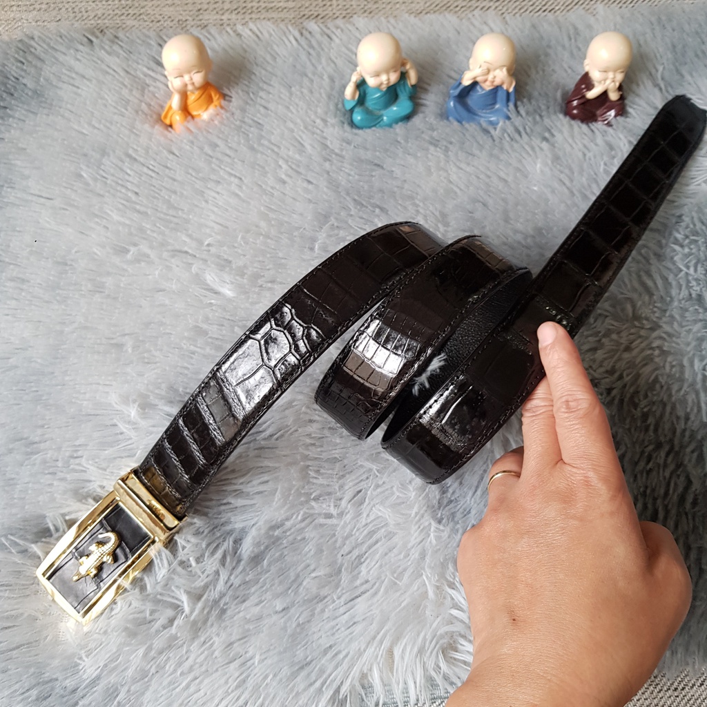 Dây Lưng Cá Sấu Khâu Mép I Dây Cá Sấu Bụng Bản 3,5cm I Liền Nguyên Con Không Nối I Màu Đen I Bảo Hành 24 Tháng