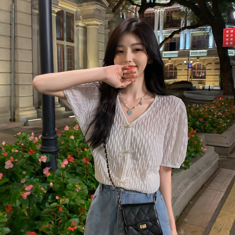 【ZHELIHANGFEI】Áo Dệt Kim Tay Phồng Đính Nơ Ngọt Ngào Thời Trang