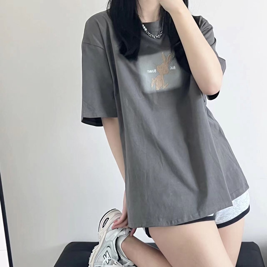 Áo thun ZHELIHANGFEI từ cotton ngắn tay dáng rộng in họa tiết hoạt hình xinh xắn