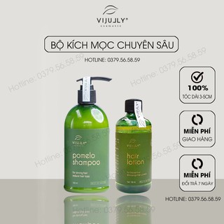 Bộ kích mọc tóc chuyên sâu gồm Dầu gội bưởi + Tinh dầu bưởi Vijully, giúp giảm rụng tóc, kích mọc tóc hiệu quả