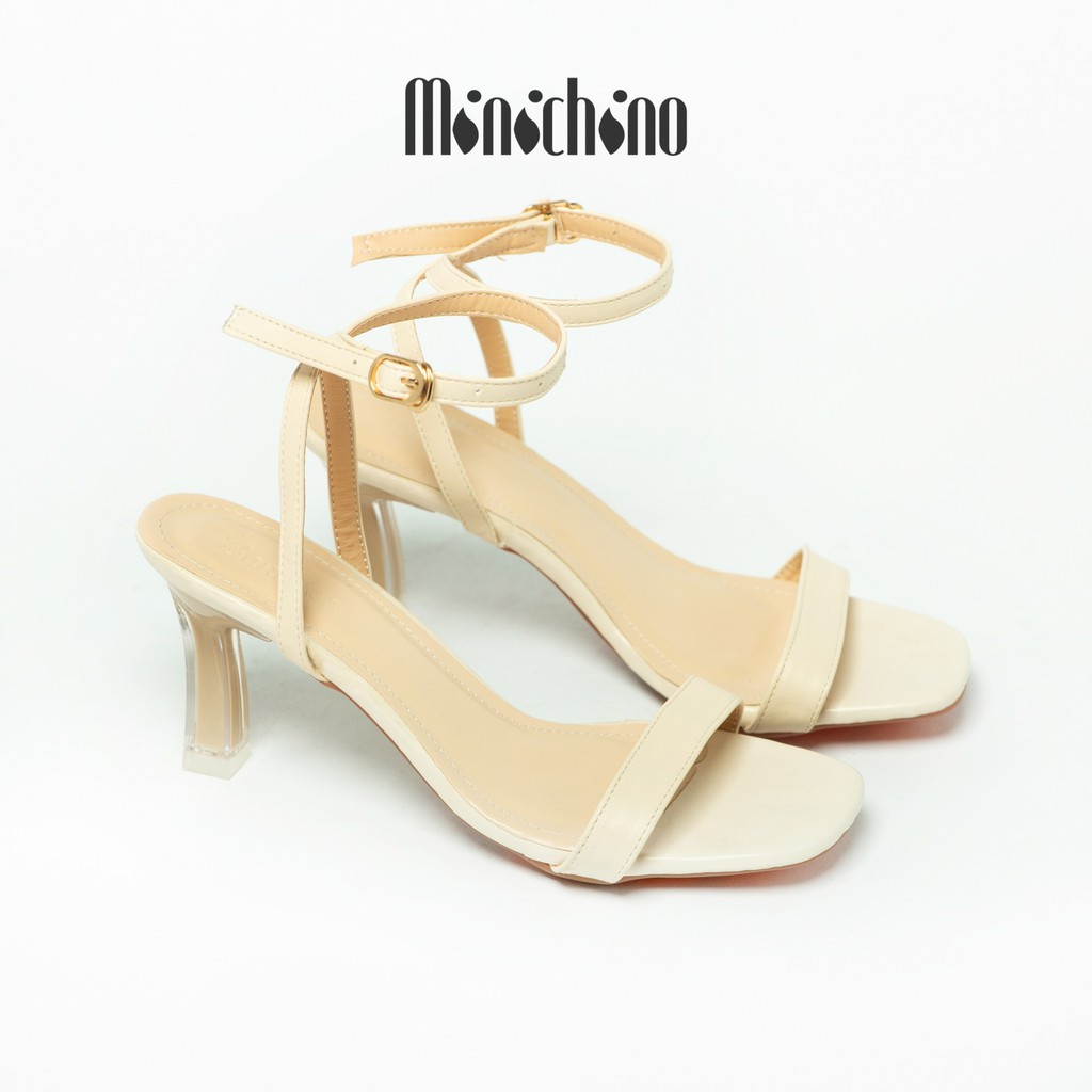 Giày cao gót nữ cao 7cm MINICHINO hở mũi phối dây thời trang màu kemTC018