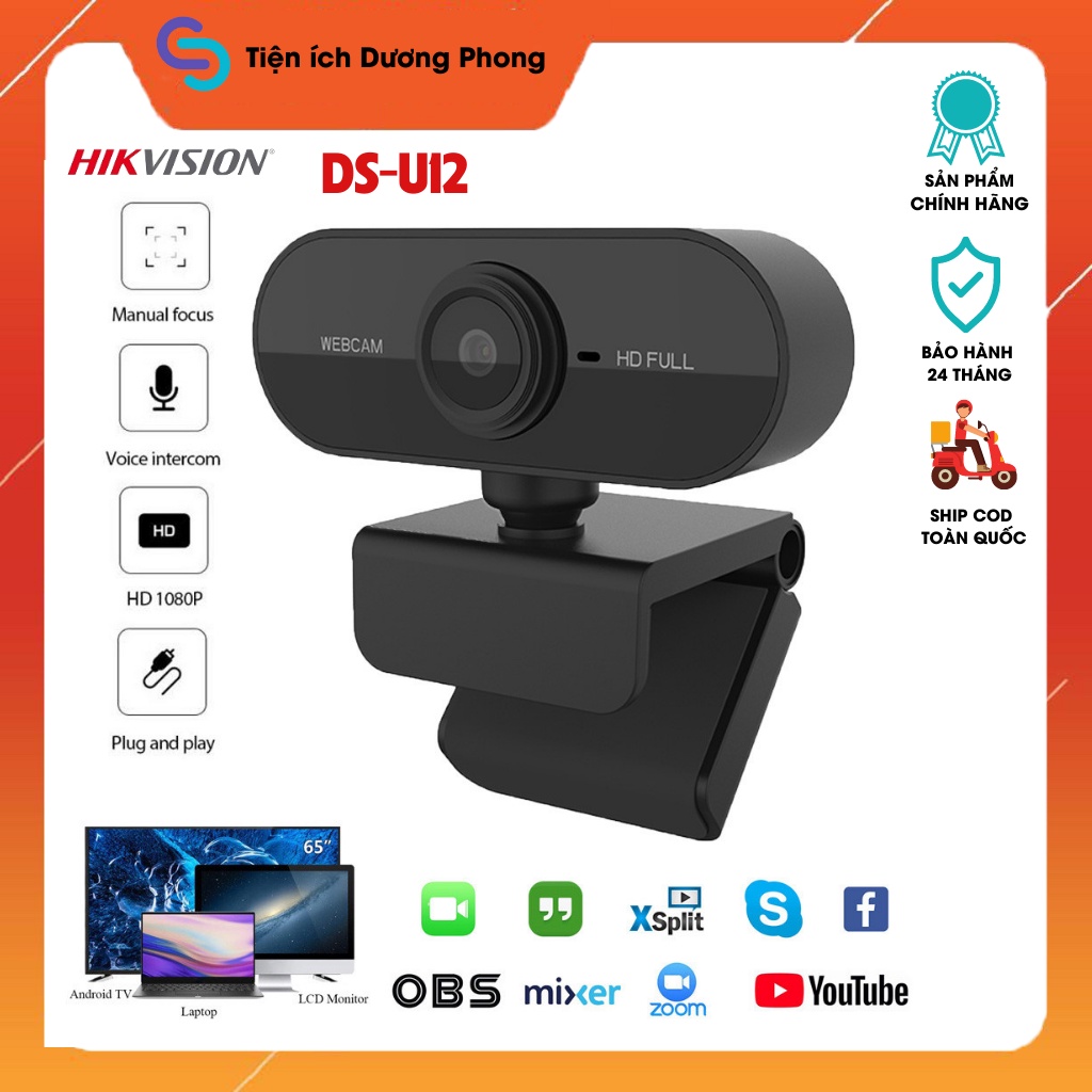 Webcam máy tính có Mic HIKVISION DS-U12 Full HD siêu nét tự điều chỉnh ánh sáng tự nhận driver - BH Chính hãng 24 tháng