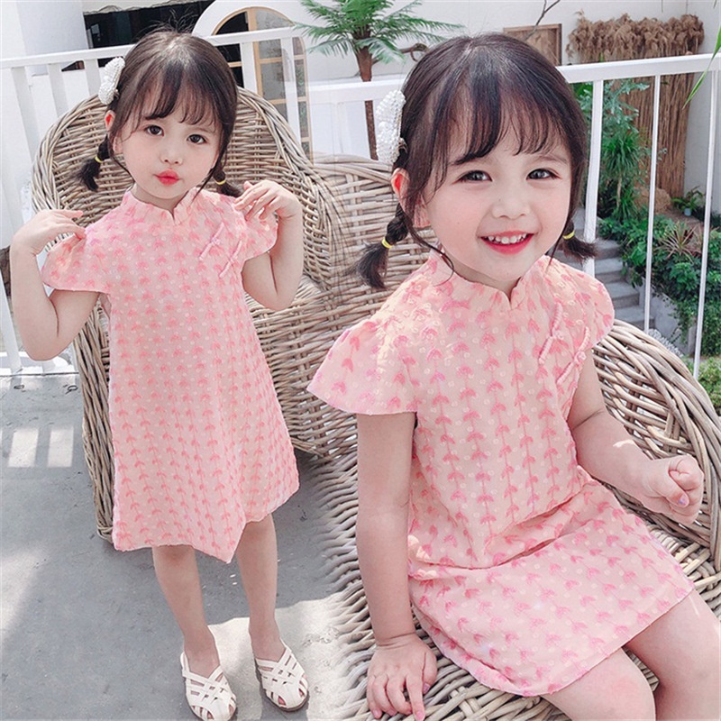 Đầm sườn xám cotton tay ngắn phong cách Trung Hoa thời trang mùa hè mới dành cho bé gái