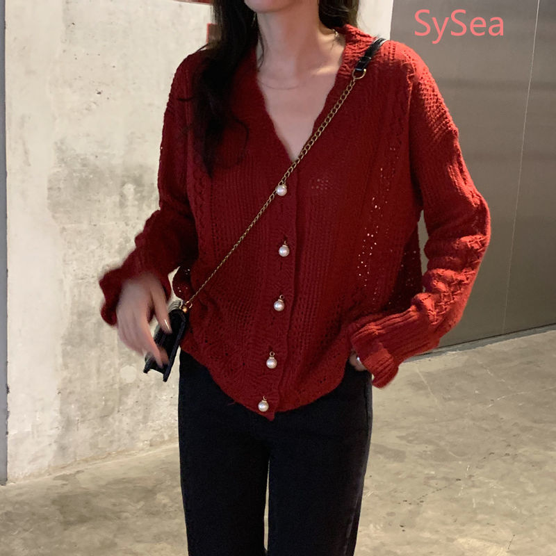 Women Autumn Sweet Hollow Long Sleeve V-neck Knit Top | BigBuy360 - bigbuy360.vn