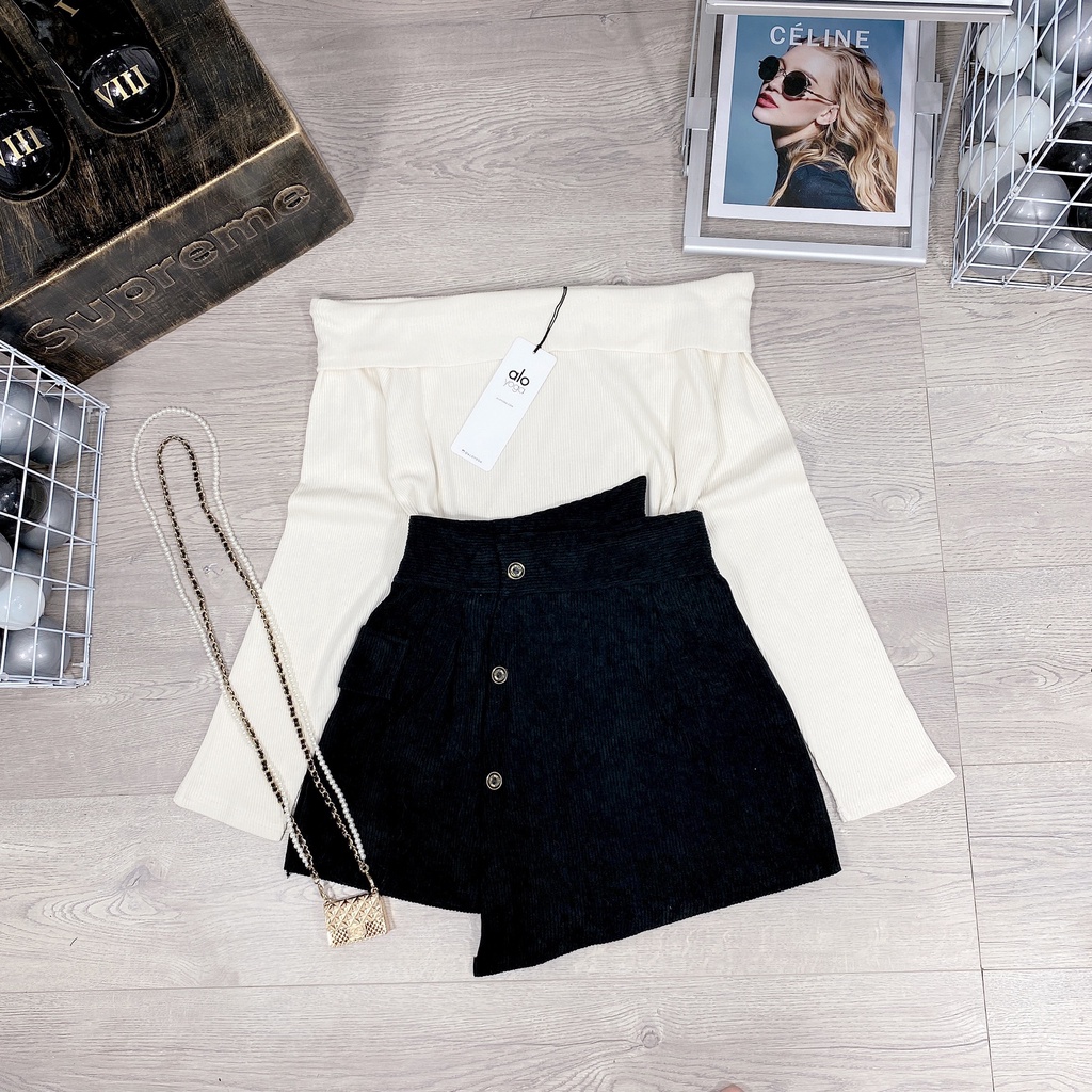 Set len tăm trễ vai mix chân váy lệch nữ cao cấp | BigBuy360 - bigbuy360.vn