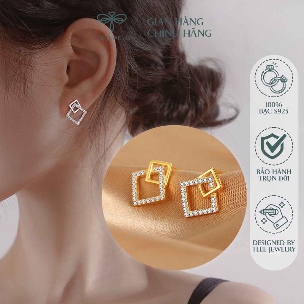Khuyên tai bạc nữ TLEE mặt vuông kép nạm đá cao cấp NCJ B0101