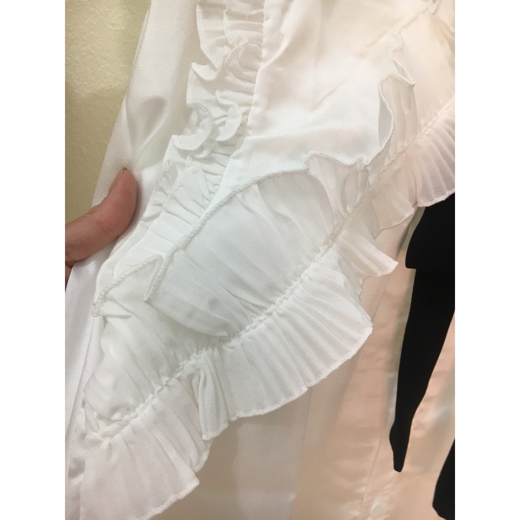 Áo sơ mi trắng Kimdesign, Áo nữ tay dài xếp bèo nơ đen freesize QATE A4 | BigBuy360 - bigbuy360.vn