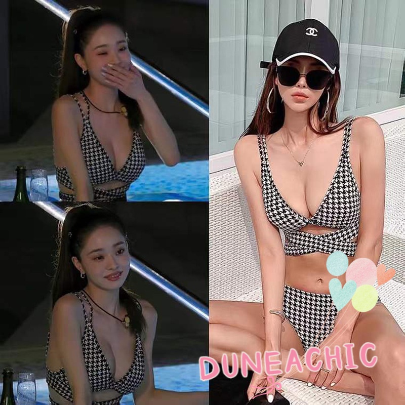 DUNEA Bộ Đồ Bơi Bikini Hai Dây Họa Tiết Sọc Caro Thời Trang Cho Nữ