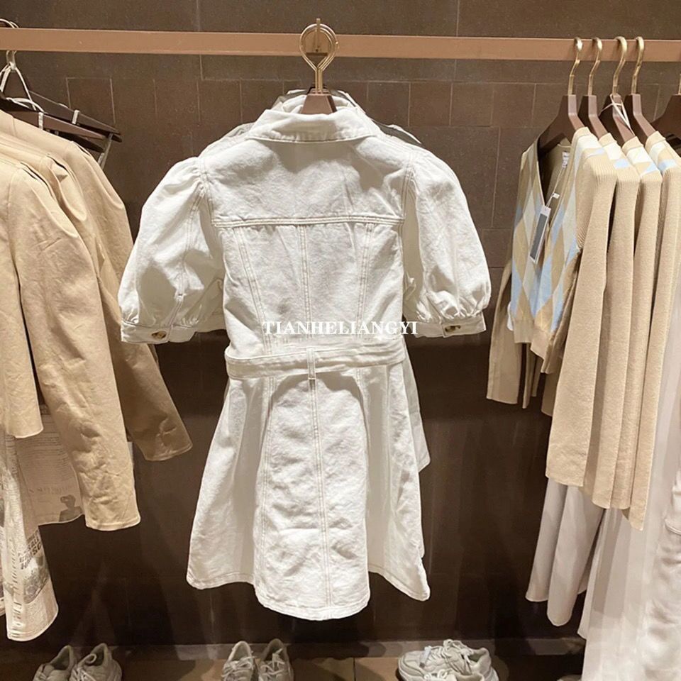 Đầm Denim Chữ a Tay Ngắn Phồng Màu Trắng Thời Trang Mùa Hè 2023 Mới Cho Nữ