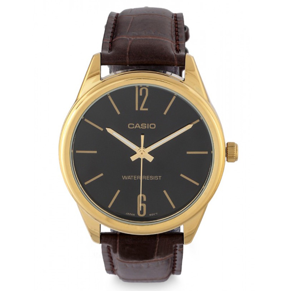 Đồng hồ Casio nam dây da thể thao, mặt đen viền vàng đẳng cấp, chống nước WR30M, đi mưa - rửa tay (MTP-V005GL-1BUDF)