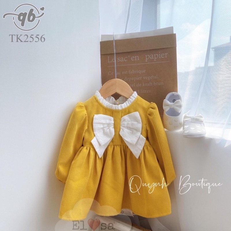 Váy nhung tăm babydoll kèm nơ ngực màu trắng siêu xinh cho bé 1-5 Tuổi