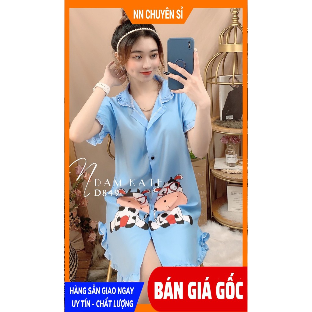 Đầm ngủ nữ phom 55kg Đầm kate in hình cực xinh D849 Ảnh thật Đầm ngủ nữ