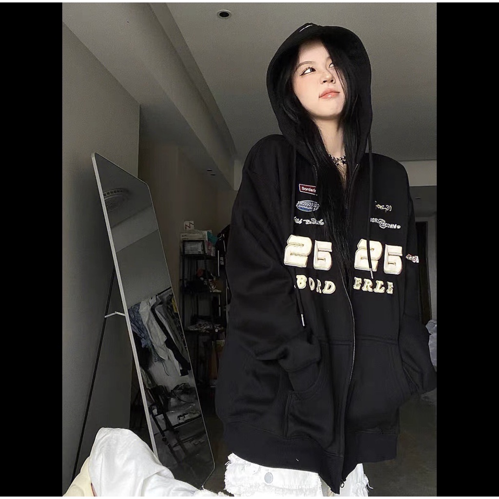 Áo khoác hoodie nữ zip bord erle - Nana's House - Áo chất nỉ ngoại hình thêu sắc nét form dáng thụng