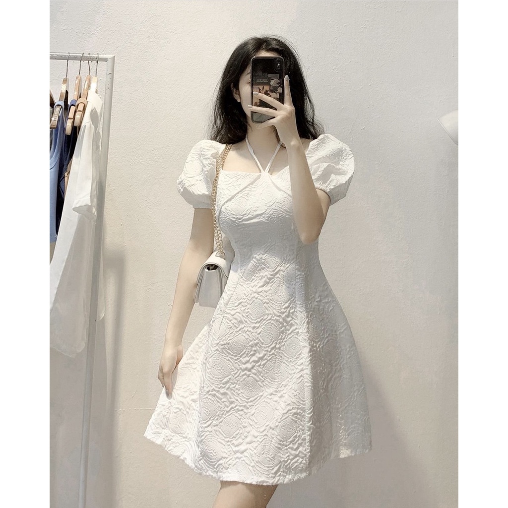 Váy trắng tiểu thư tay bồng, Váy trắng dự tiệc hoa văn xốp ( Ảnh + Video Thật ) - Ngọc Uyên Store