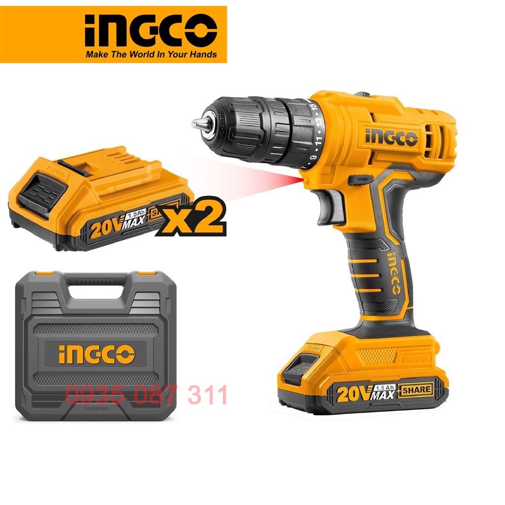 Máy Khoan Pin 20V INGCO CDLI20012 Gồm 2 Pin 20V 1.5Ah Và Sạc, Đựng Trong Hộp Nhựa